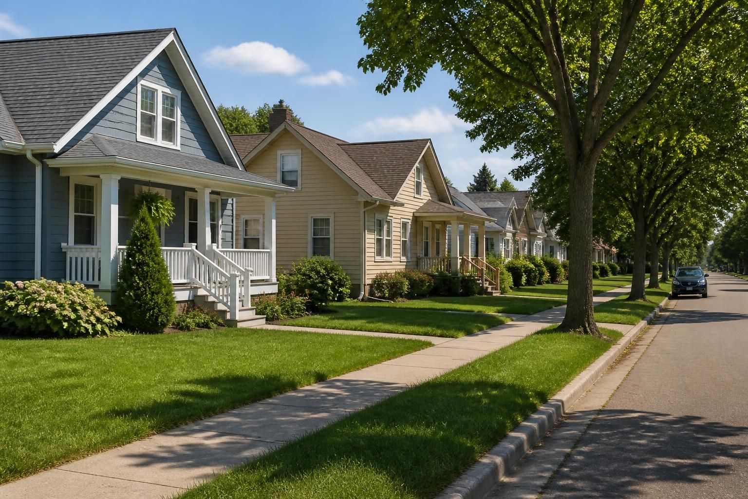 Brooklyn Center residential street with tidy homes and lawns.