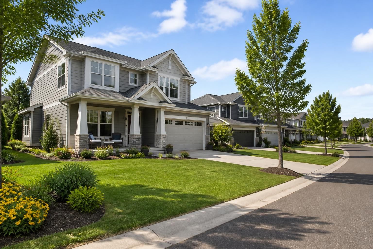 Brooklyn Park suburban street with spacious homes and landscaping.