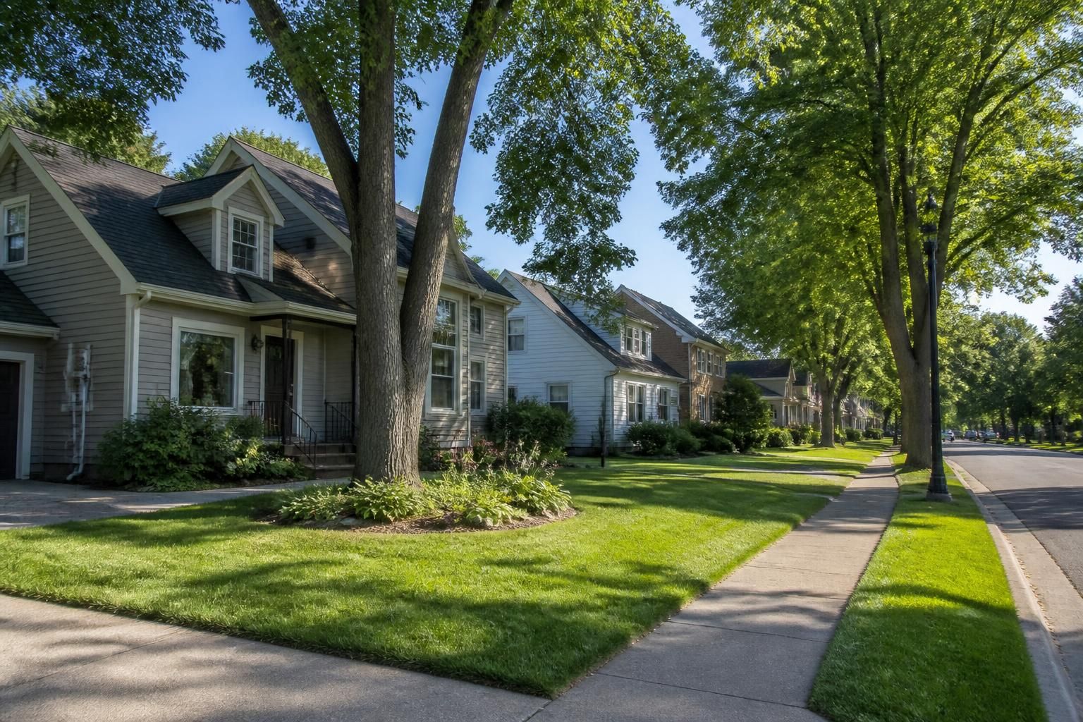 Crystal neighborhood with neat lawns and mature trees.