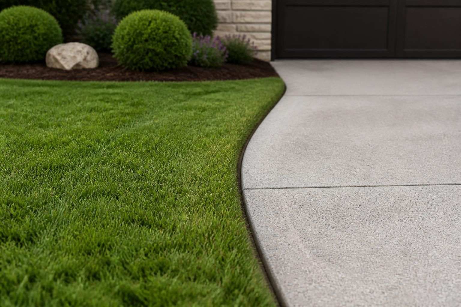 Sharp lawn edging and neatly trimmed grass beside a driveway.