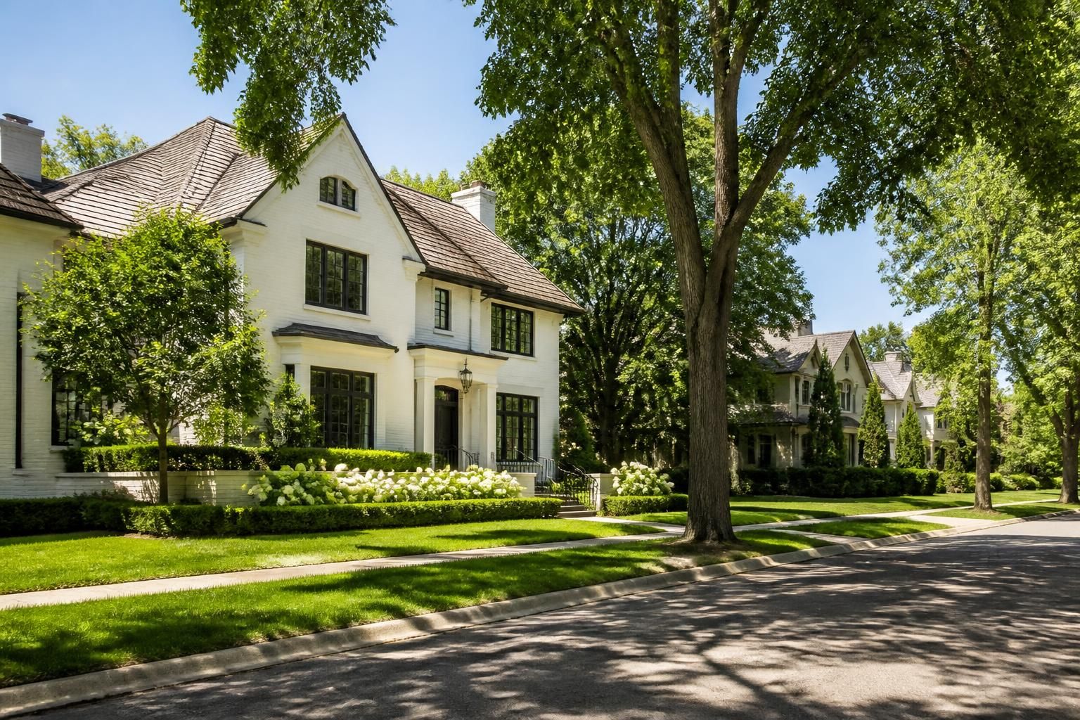Edina neighborhood with elegant homes and mature landscaping.
