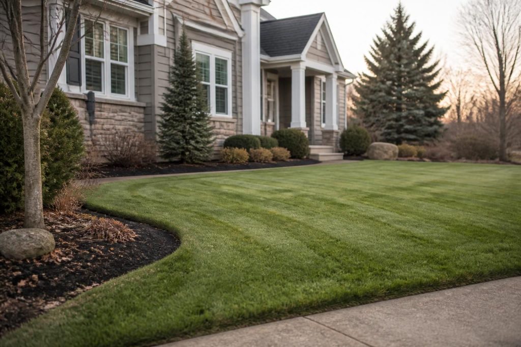 Freshly mowed lawn with crisp edging beside a neat suburban home.