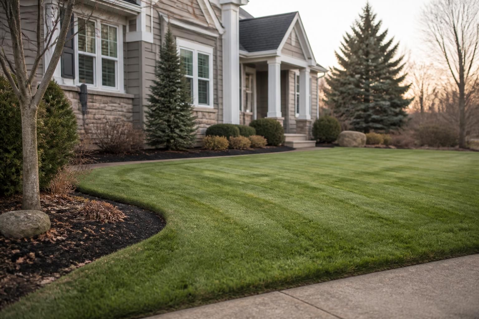 Freshly mowed lawn with crisp edging beside a neat suburban home.