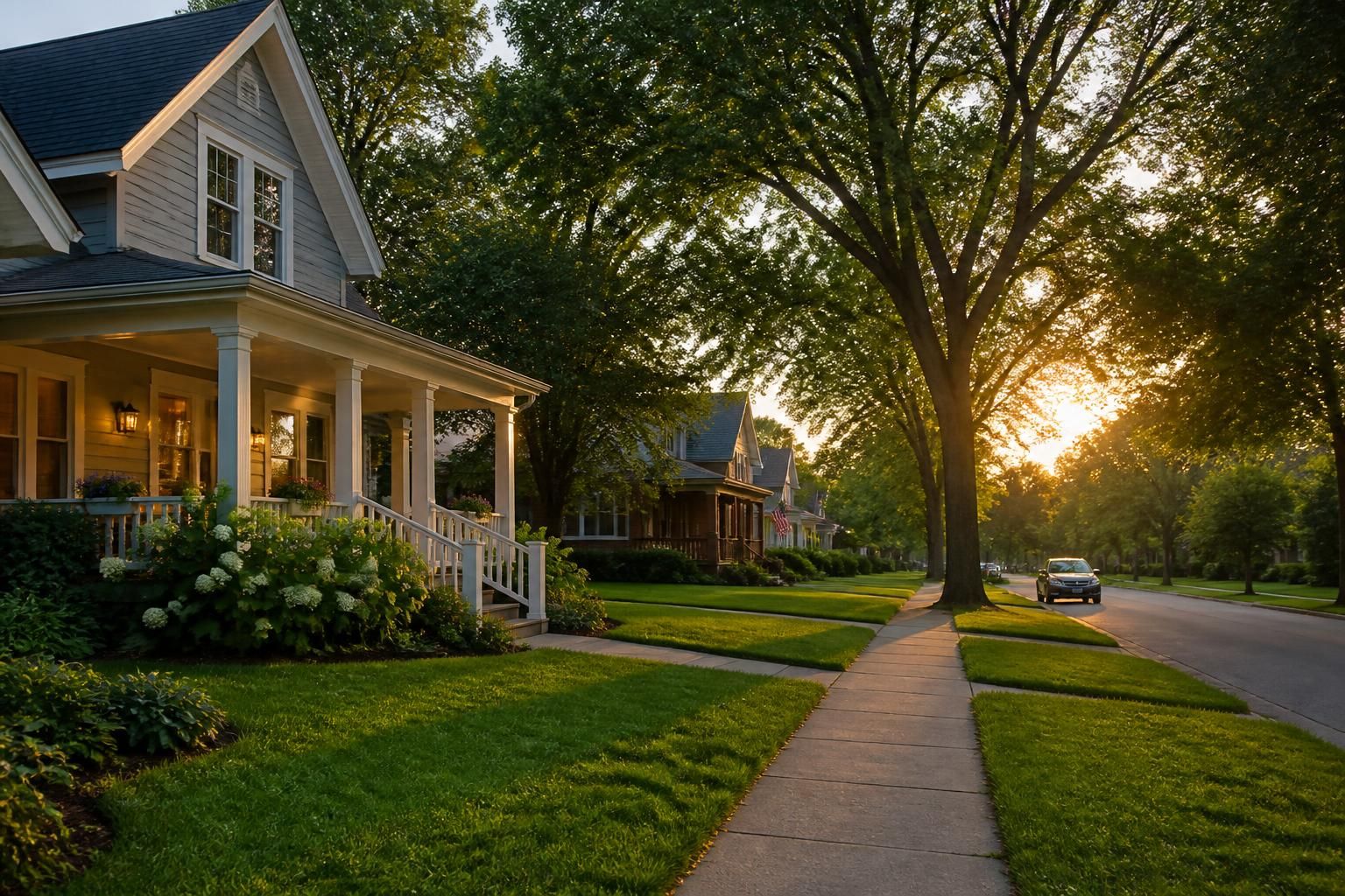 Hopkins residential street with green yards and calm light.