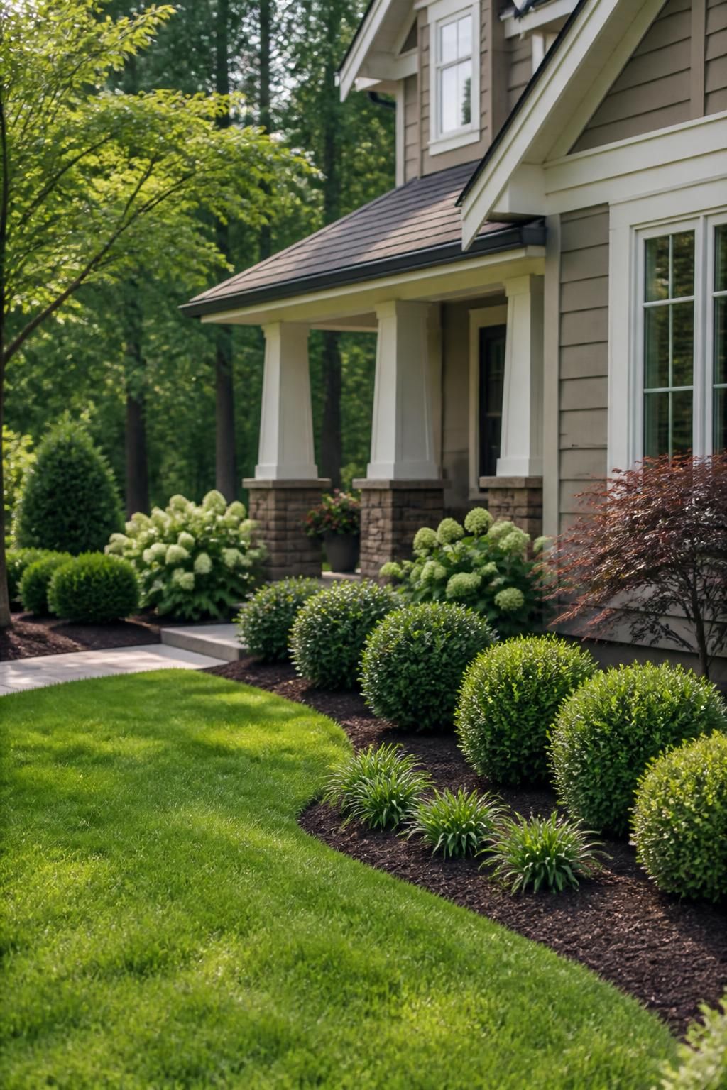 Well-maintained front yard with trimmed shrubs and healthy lawn.