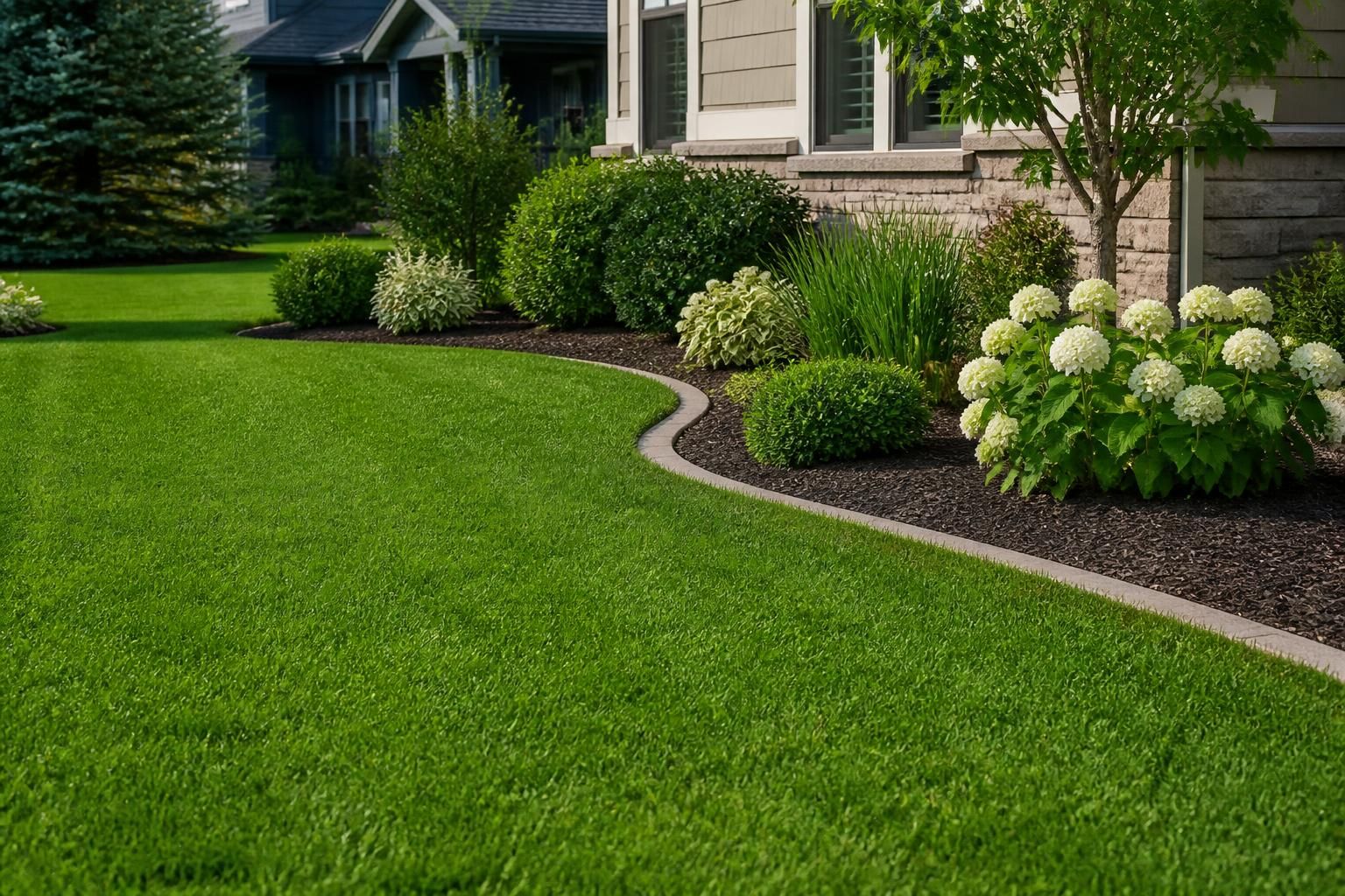 Healthy maintained lawn with tidy edges and landscape beds.