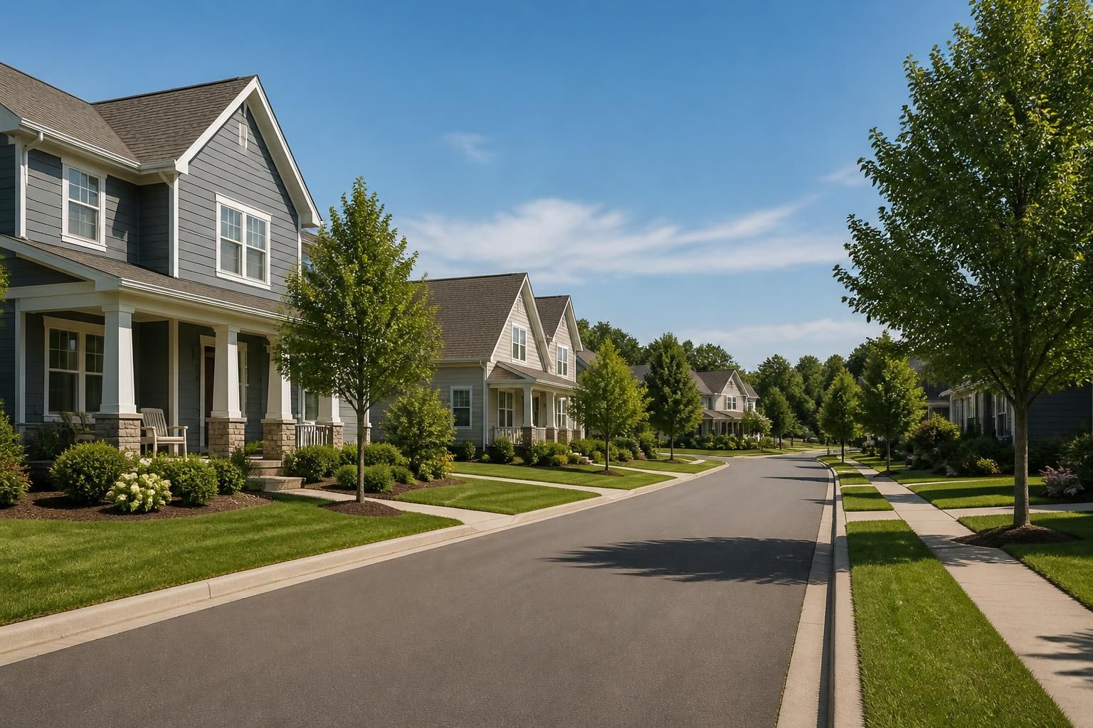New Hope residential road with well-kept homes and lawns.