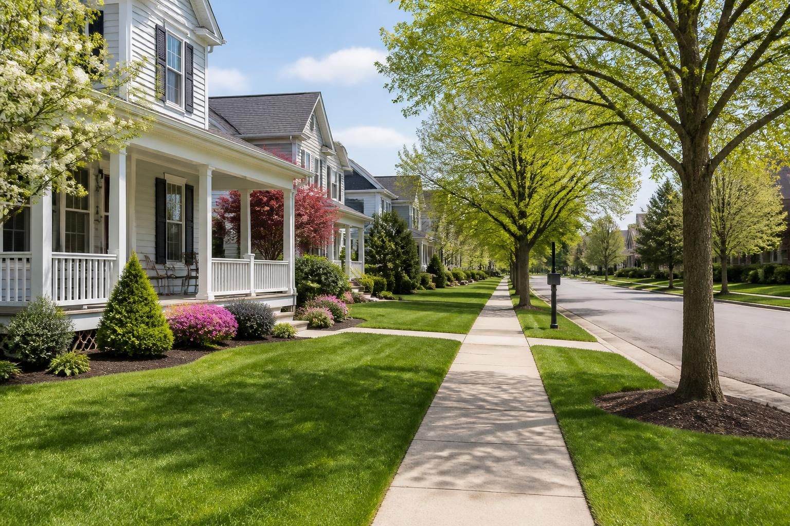 Spacious Plymouth neighborhood with clean sidewalks and lawns.