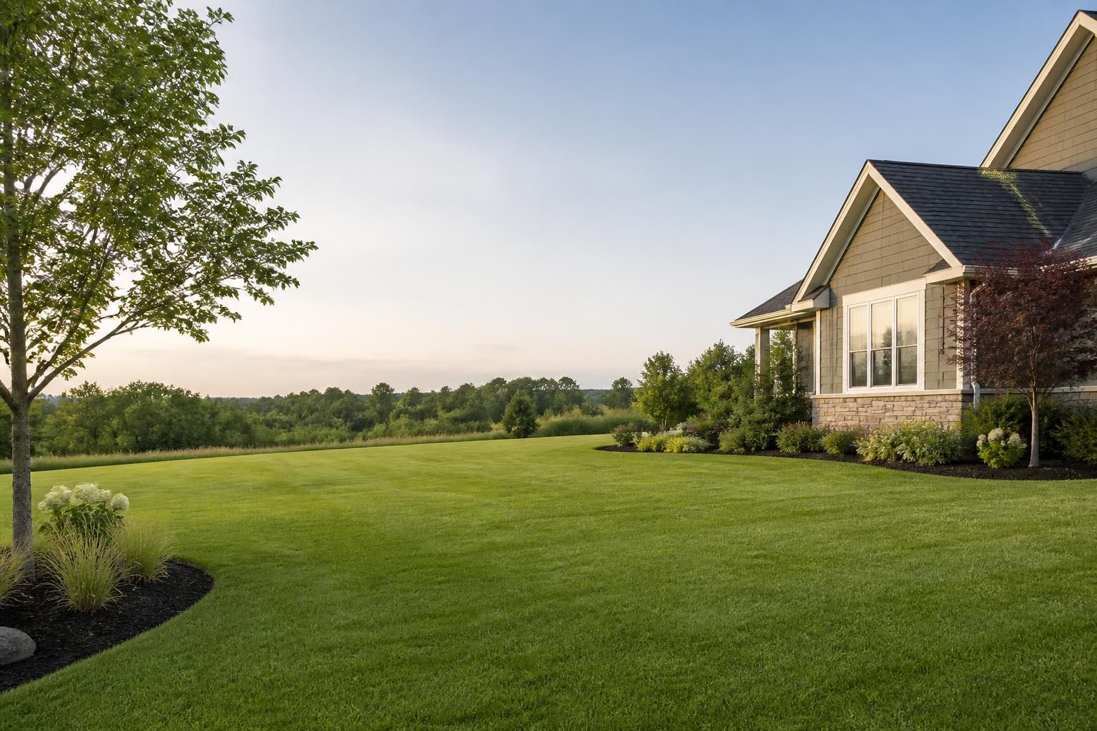 Open green lawn with calm light and space for text.