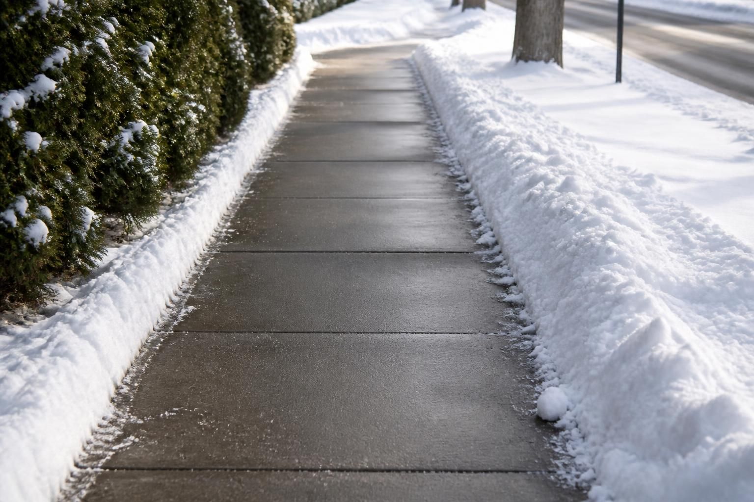Cleared sidewalk with snow piled neatly along the edge.